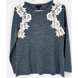 J Crew Gray White Lace Applique LS Merino Wool Acrylic Blend Sweater